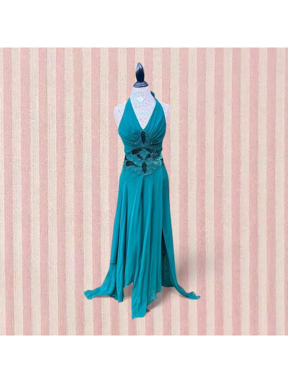 y2k vintage maxi green halter silk dress